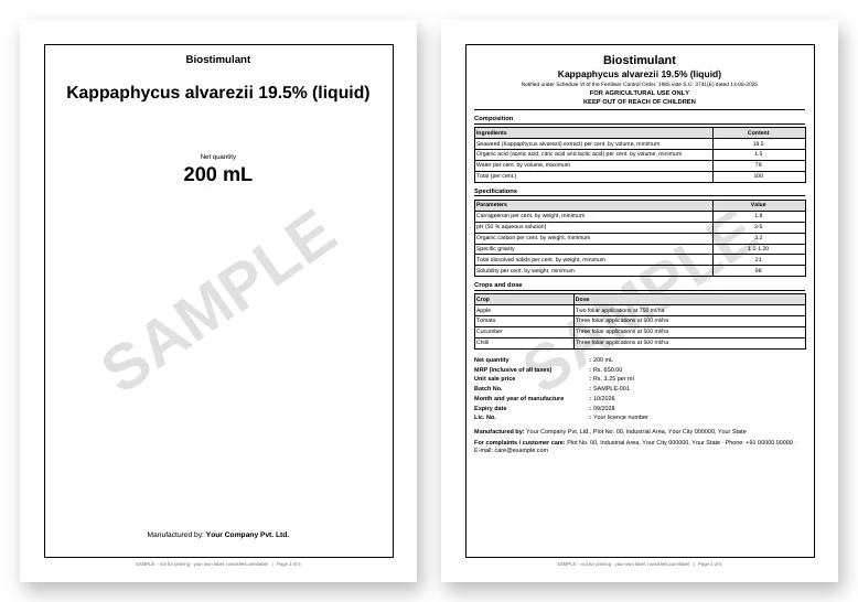 Sample FCO label: front and back, marked SAMPLE
