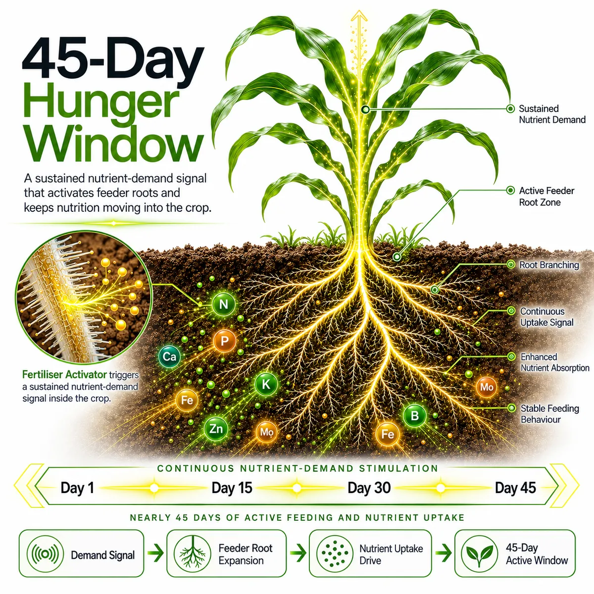 The 45-Day Hunger Window: sustained feeder-root activity from day 1 to day 45