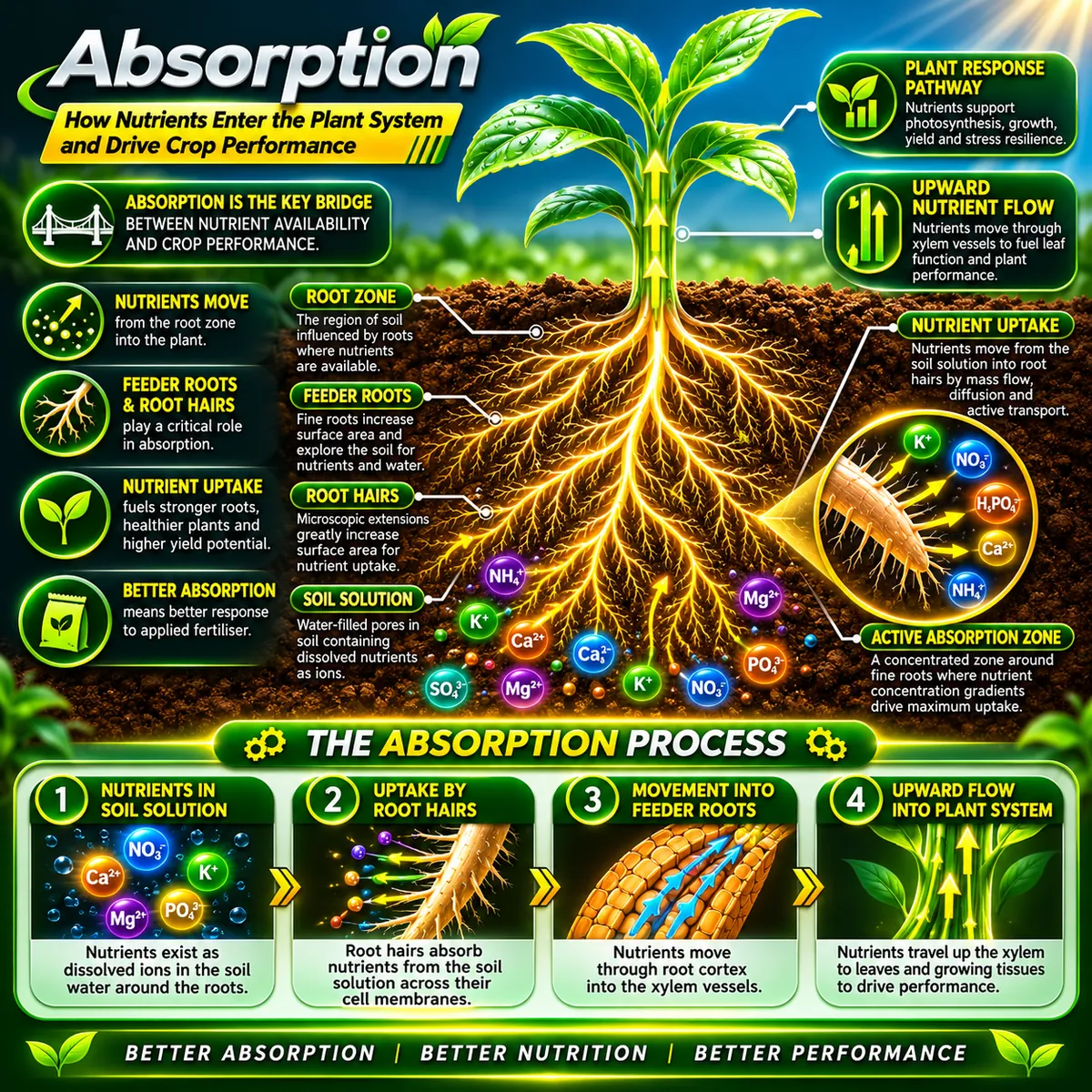 Absorption: how nutrients move from the soil solution into roots and up the plant